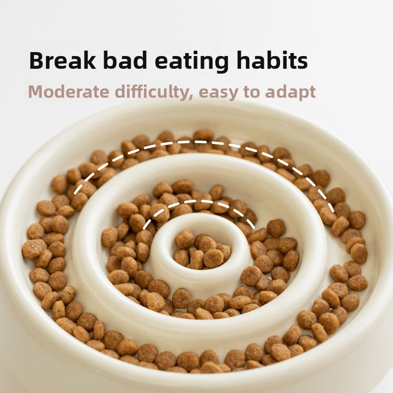 Ceramic Slow Feed Pet Bowl – Elevated Anti-Gulping Bowl with Wooden Base