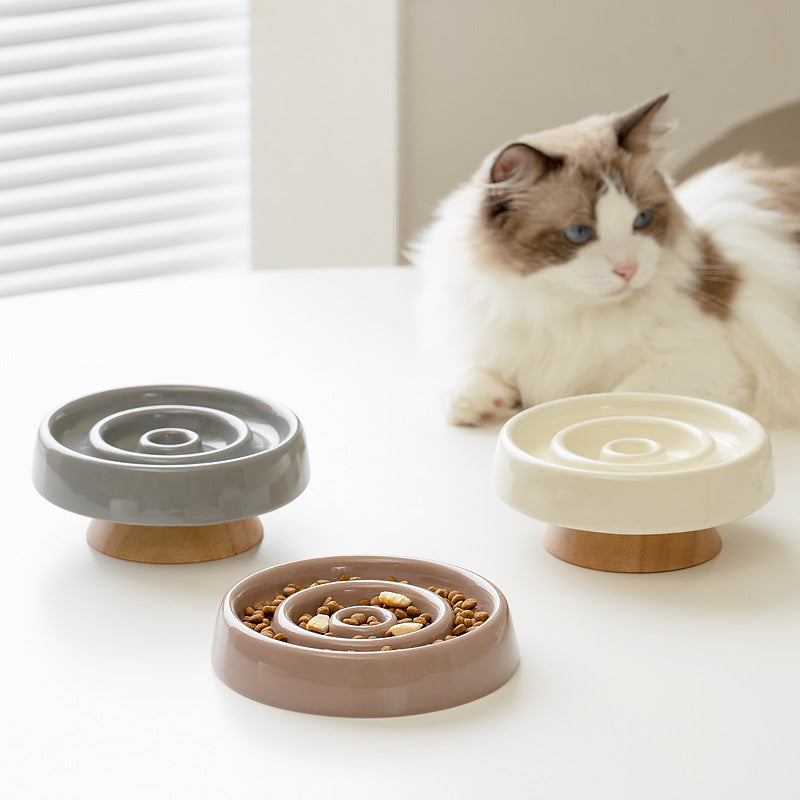 Ceramic Slow Feed Pet Bowl with Wooden Base
