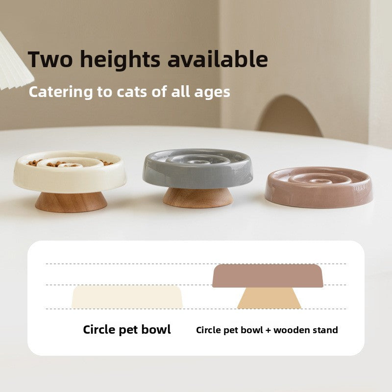 Ceramic Slow Feed Pet Bowl with Wooden Base