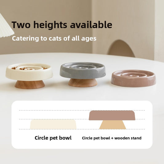 Ceramic Slow Feed Pet Bowl with Wooden Base