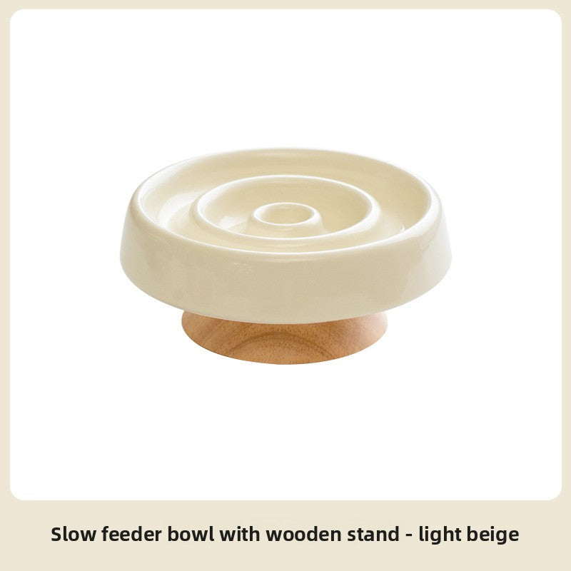 Ceramic Slow Feed Pet Bowl with Wooden Base
