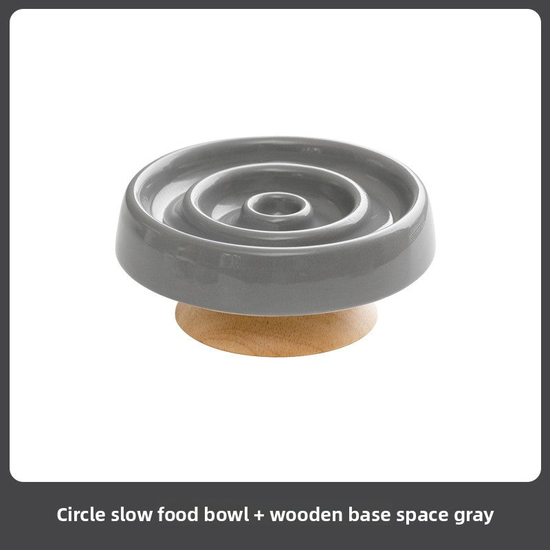 Ceramic Slow Feed Pet Bowl with Wooden Base