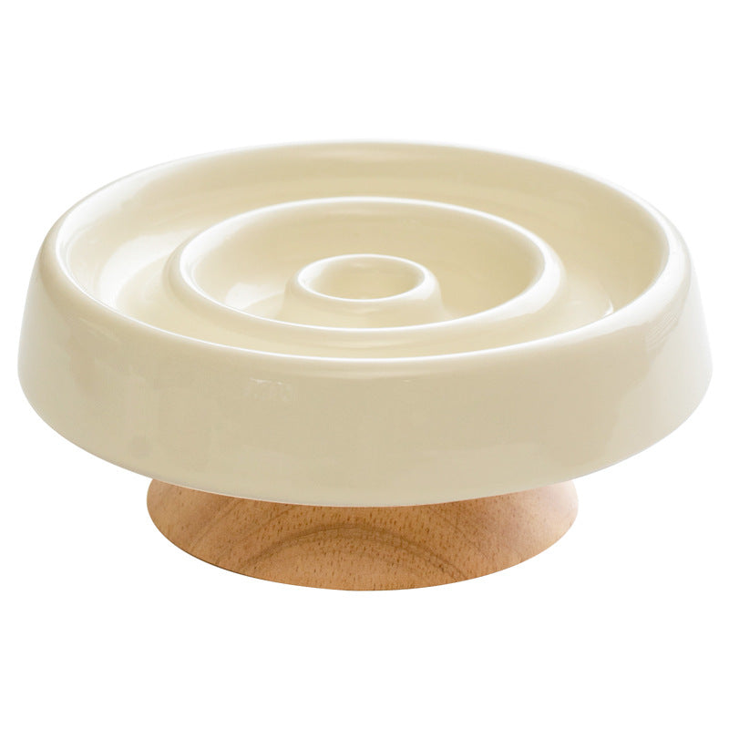 Ceramic Slow Feed Pet Bowl with Wooden Base