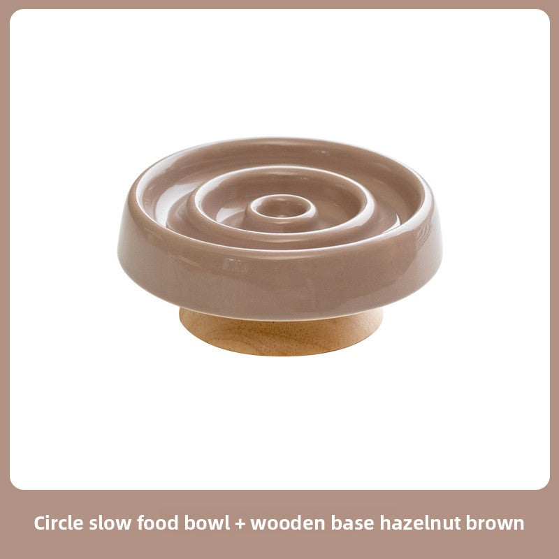 Ceramic Slow Feed Pet Bowl with Wooden Base